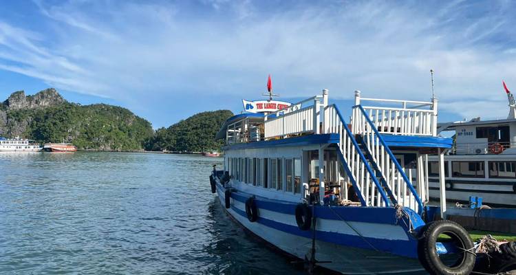 Un barco de tours de madera azul y blanco amarrado en las tranquilas aguas del puerto bajo un cielo brillante.