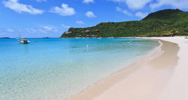 Plage caribéenne aux sables blancs immaculés avec eau turquoise et collines verdoyantes luxuriantes