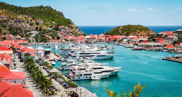 Vue aérienne d'une marina dynamique remplie de yachts et de bâtiments aux toits rouges autour d'une eau turquoise