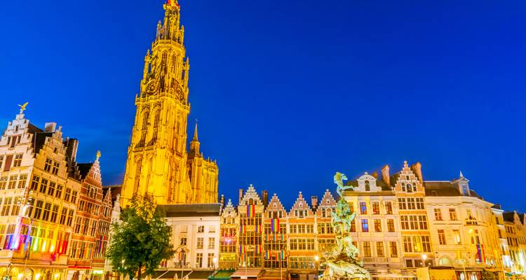Vue nocturne de la Cathédrale Notre-Dame d'Anvers et des anciennes maisons de corporations historiques illuminées dans des tons chauds.