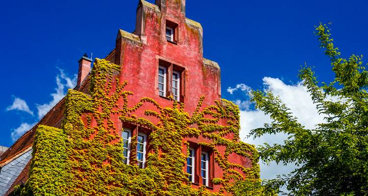 Maison aux pignons à gradins recouverte d'un lierre rouge vibrant, se détachant sur un ciel bleu profond parsemé de nuages cotonneux.