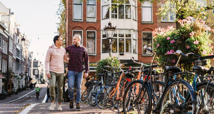 Deux hommes marchent bras dessus bras dessous sur un pont bordé de vélos dans le quartier des canaux d'Amsterdam par une journée ensoleillée.