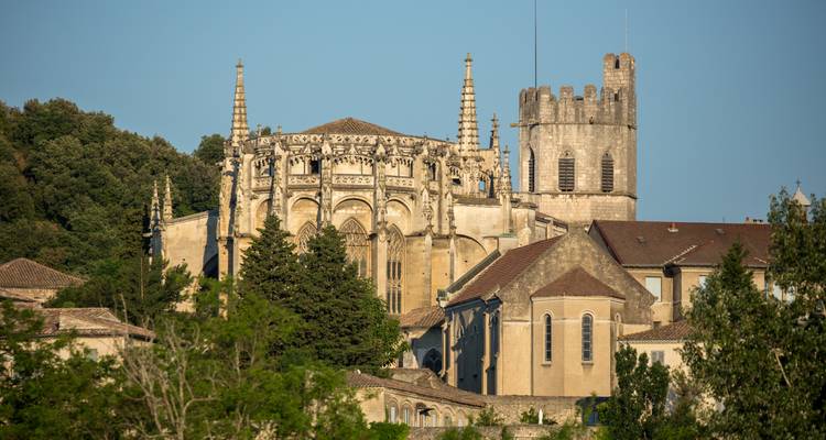 Gros plan de la Cathédrale de Viviers et des bâtiments médiévaux environnants sur un ciel bleu dégagé.