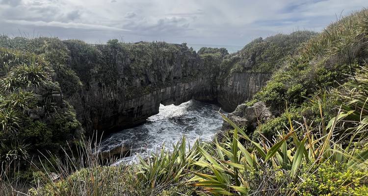 Rotsachtige boog over woelig zee bij Punakaiki's blowhole, omgeven door scherpe kustvegetatie.