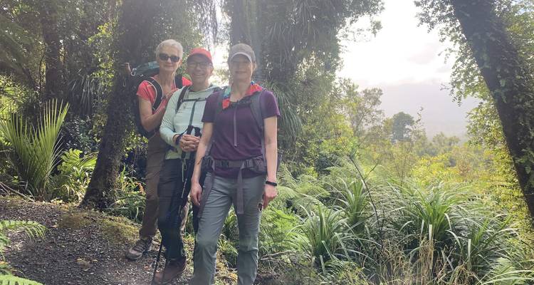 Drie trekkers pauzeren op een regenwoudpad omringd door weelderig groen met diffuus licht erachter.