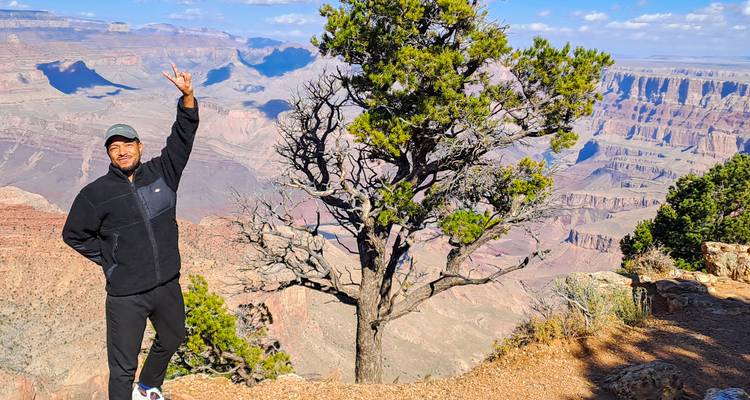 Viajero posando con señal de paz en un mirador del borde del Gran Cañón con un árbol en primer plano.