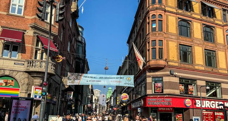 Levendige winkelstraat voor voetgangers omzoomd met historische gebouwen en internationale fastfoodketens.