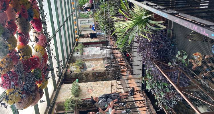 Kleurrijk, met planten gevuld bovenverdiep van een ruïnebar met gasten die langs smeedijzeren balustrades zitten