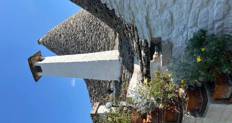 Close-up van conische stenen trullo dak en witte schoorsteen met potplanten op terracotta trappen