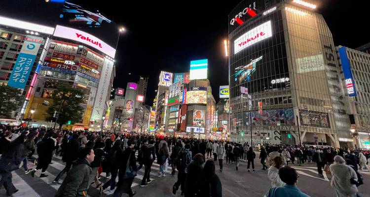 Menigtes die de beroemde Shibuya-kruising oversteken, omgeven door torenhoge LED-schermen in de nacht.
