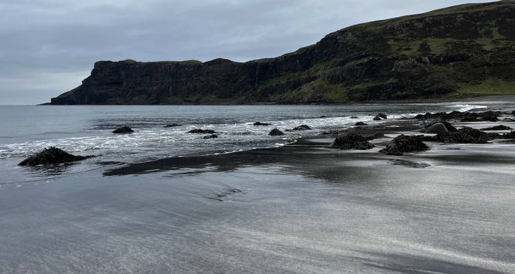 Plage de sable sombre avec littoral rocheux et falaises vertes sous des ciels gris
