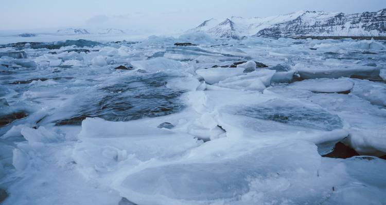 Champ de glace de mer brisée avec des pics enneigés lointains sous un ciel pâle.
