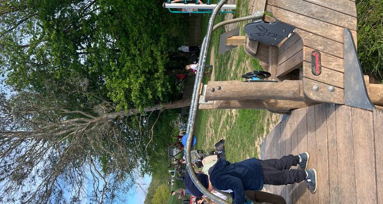 Niños jugando en una estructura de juegos de madera en un parque con césped.