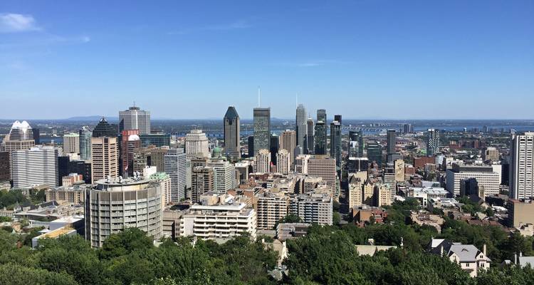 Large panorama d'une skyline de ville moderne vue depuis une colline verdoyante avec un ciel d'été bleu clair.