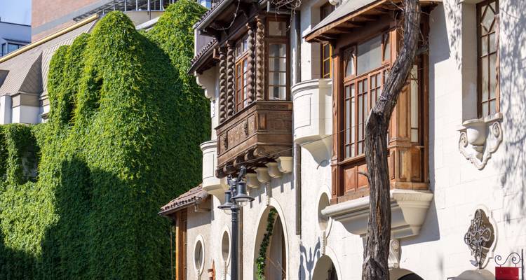 Facade de rue charmante avec mur couvert de lierre et balcons en bois ouvragé dans un cadre urbain ensoleillé