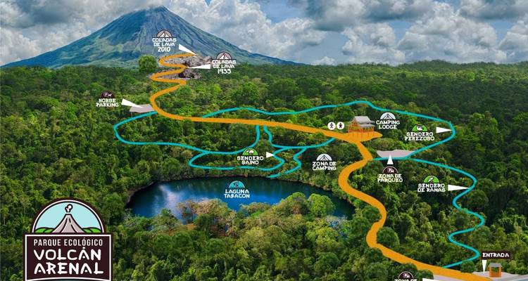 Mapa ilustrado del sendero del Parque Ecológico Volcán Arenal que muestra rutas, laguna y el volcán de fondo