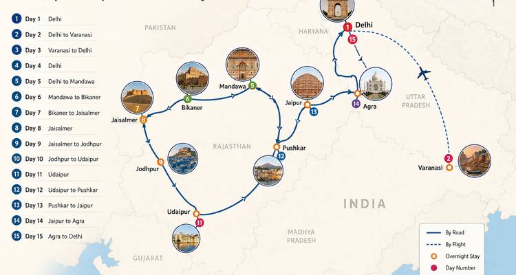 Illustrierte Routenkarte zeigt eine Rundreise, die Delhi, Jaipur und Agra verbindet, mit Symbolen für Sehenswürdigkeiten und Verkehrsmittel.