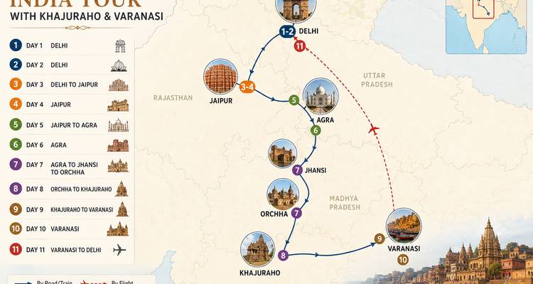 Illustrierte Reiserouten-Karte mit Hervorhebung der wichtigsten Reiseziele in Nordindien und der Reisestrecke.