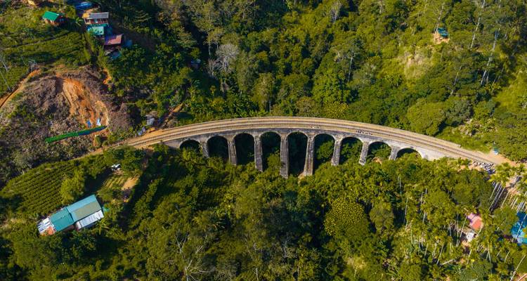 Vista aérea del puente ferroviario Nine Arches curvo serpentean través del denso bosque tropical