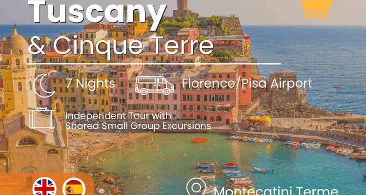 Werbegrafik für eine Toskana- und Cinque-Terre-Rundreise mit Foto des Hafens von Vernazzo und überlagerttem Text.