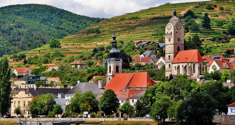 Village de la vallée de Wachau couvert de vignes avec des flancs de colline en terrasses et un clocher en pierre à côté du Danube.