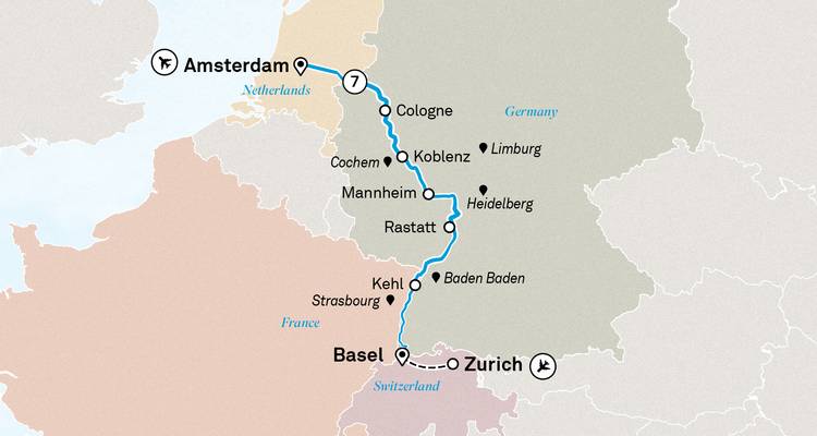 Carte illustrant une croisière sur le Rhin d'Amsterdam à Zurich avec les arrêts en surbrillance.