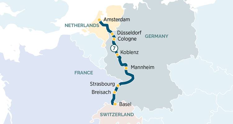 Carte simplifiée d'une croisière sur le Rhin de sept jours d'Amsterdam à Bâle mettant en évidence les principales villes.