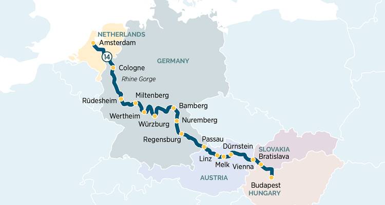Carte simplifiée du circuit montrant un itinéraire d'Amsterdam en passant par l'Allemagne et l'Autriche jusqu'à Budapest avec des icônes marquant les arrêts clés.