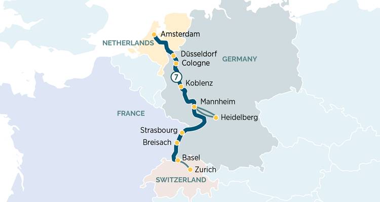 Carte d'itinéraire de croisière montrant le voyage d'Amsterdam à Zurich avec les principales escales du Rhin.
