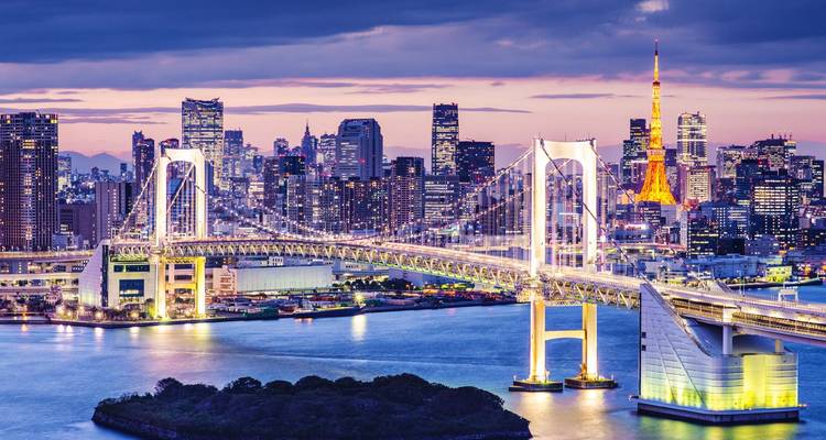 Tokio skyline bij schemering met verlichte Rainbow Bridge en Tokyo Tower