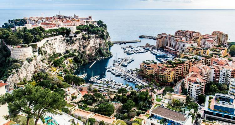 Luchtfoto van het paleis op de klif van Monte Carlo en de luxe haven vol jachten aan de Franse Rivièra.