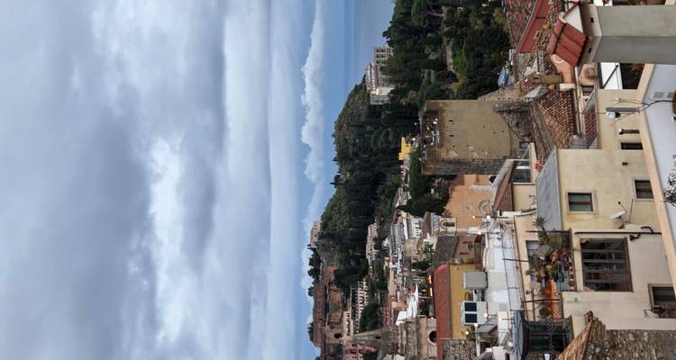 Elevated townscape view of terracotta rooftops, castle ruins and coastline beneath overcast sky.