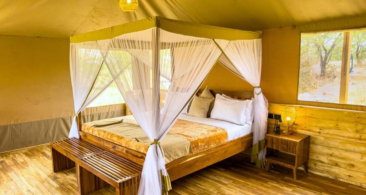 Dormitorio con tienda de campaña de lona espaciosa con cama de dosel, pisos de madera y luz natural suave.