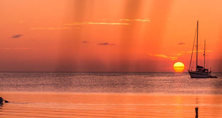 Un coucher de soleil orange-rose sur les eaux calmes des Caraïbes avec un voilier en silhouette contre le soleil couchant.