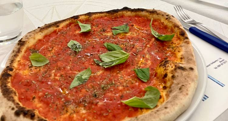 Simple marinara pizza garnished with fresh basil leaves on a white plate