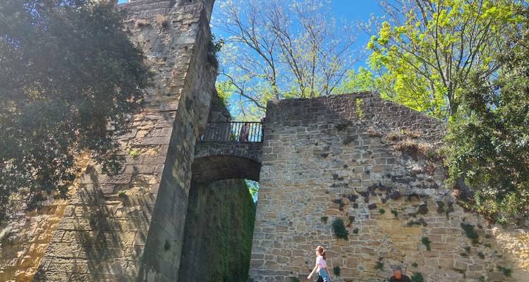 Tour en ruine médiévale de pierre avec pont en arche au milieu d'arbres feuillus, avec des visiteurs explorant en bas.