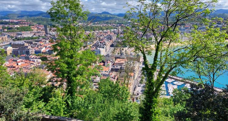 Vue panoramique partielle de la ville et de la plage encadrée par des arbres verts feuillu depuis un point de vue en hauteur.