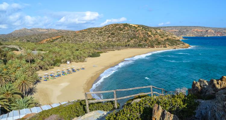 Panoramic view of a curved sandy bay backed by palm forest and bordered by vivid blue sea.