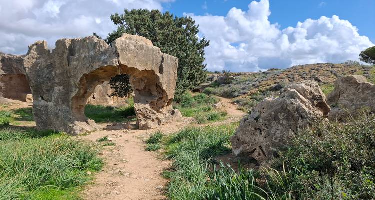 Rock arch ruin in a grassy archaeological landscape under blue sky