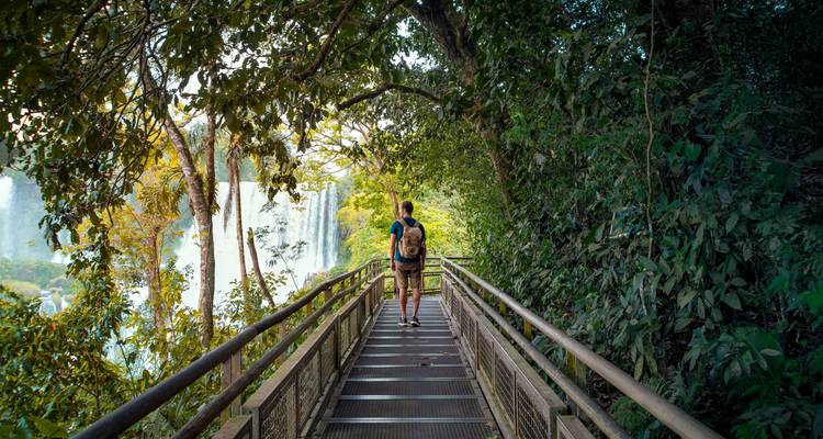 Voyageur avec sac à dos marchant sur une passerelle métallique à travers une jungle luxuriante en direction des chutes d'Iguazu enveloppées de brume.