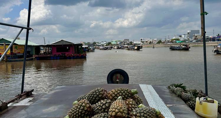 View from a boat deck piled with pineapples, looking toward a riverside floating market under cloudy skies.