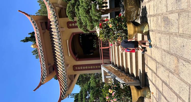 Two children ascend steps toward a small pagoda surrounded by bonsai and floral planters in bright sun.