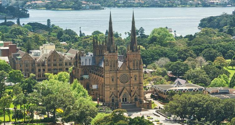 Luchtfoto van St Mary's Cathedral omgeven door parklandschap met Sydney Harbour op de achtergrond.