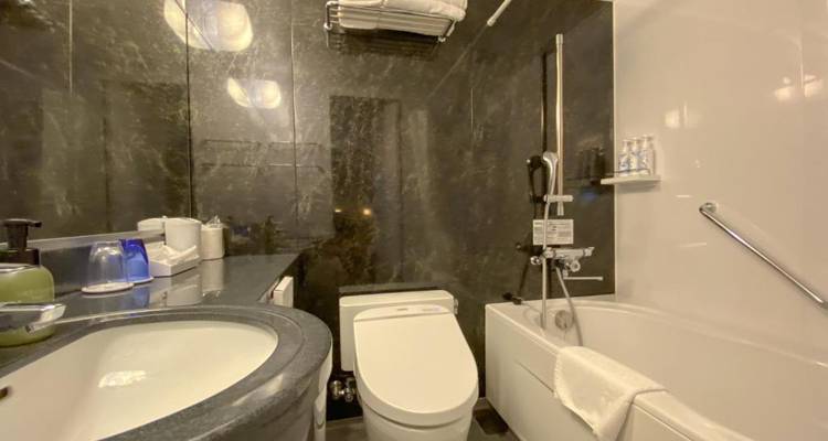 Luxuriöses Badezimmer mit Marmor-Wandverkleidung, freistehender Badewanne zum Entspannen und modernen Armaturen.