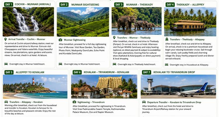 Tarjetas de itinerario día a día con fotos de atracciones de Kerala, playas, elefantes y aeropuertos.