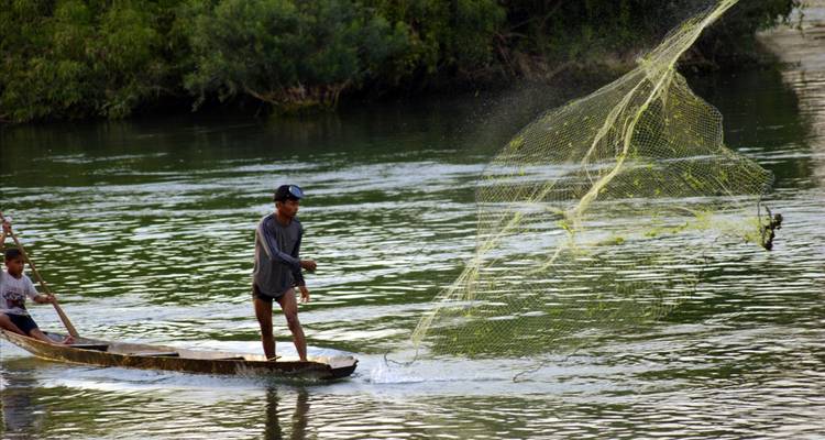Un homme jetant un filet de pêche depuis un petit canoë en bois sur une rivière verte calme, avec un enfant assis à l'avant ; une forêt luxuriante borde les rives de la rivière.