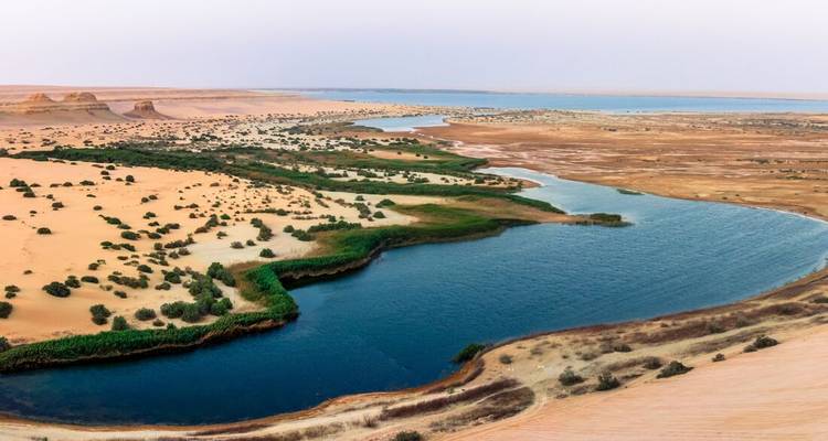 Vue aérienne d'un lac en forme de ruban bleu serpentant à travers des dunes de désert doré parsemées d'arbustes verts.