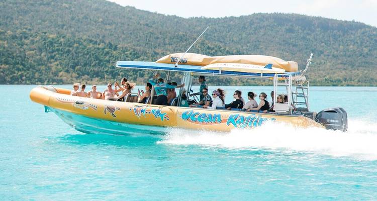 Bateau rapide rempli de voyageurs glissant sur les eaux cristallines des Whitsundays face aux collines verdoyantes des îles.