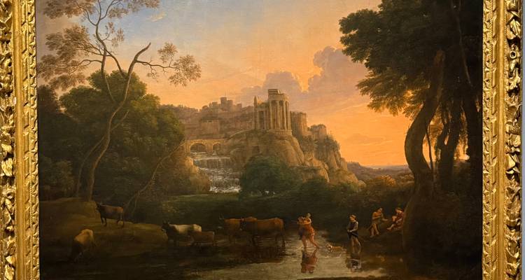 Cuadro de pintura de paisaje clásico con marco dorado ornamentado exhibido en una pared de museo.