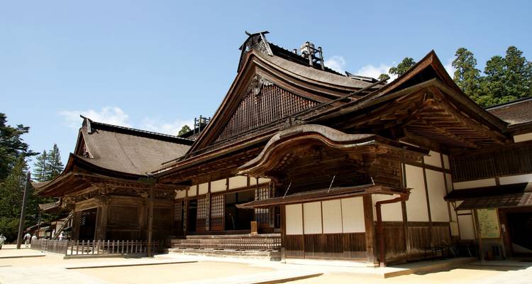 Traditional wooden Buddhist hall with sweeping roofs at Mount Koya surrounded by tall cedars.
